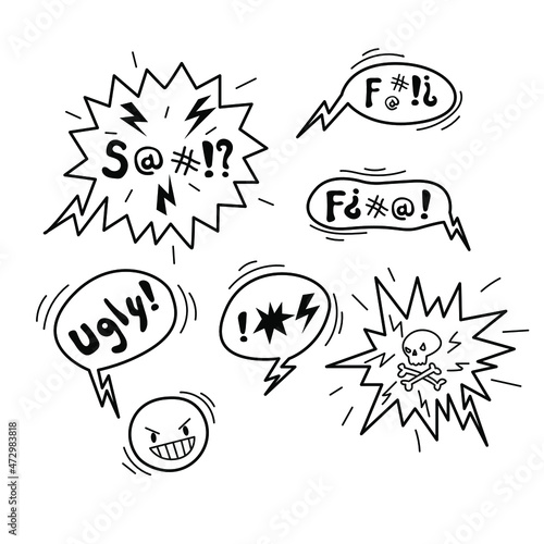 Doodle hand drawn speech bubble with swear words symbols.  Comic speech bubble with curses, skull, bones, lightning. Angry smile face emoji. Vector illustration isolated on white.