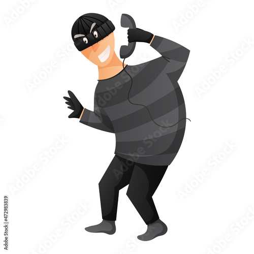Vector cartoon isolated illustration of calling sly male scammer wearing balaclava. Online or phone fraud, cybercrime concept.