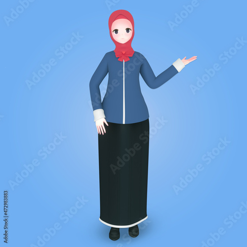 Young muslim girl with presentation pose 3d character illustration