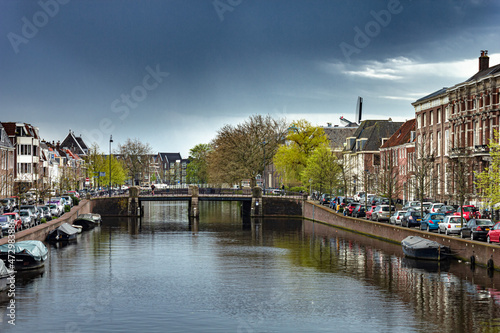 Street of old town with old buildings in Haarlem, Netherlands