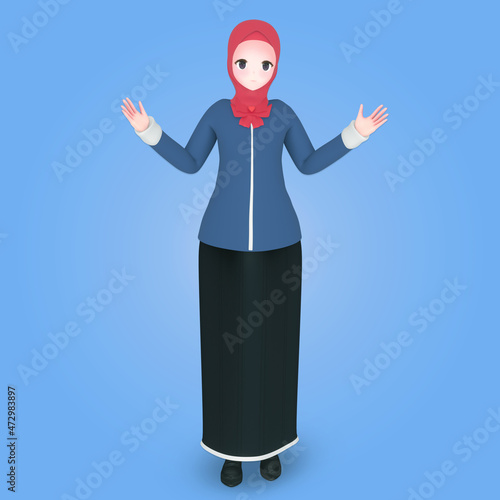 Young muslim girl with pose dont know 3d character illustration