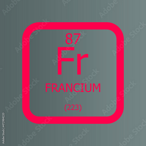 Francium Fr Chemical Element vector illustration diagram, with atomic number and mass. Simple flat dark gradient design for education, lab, science class.