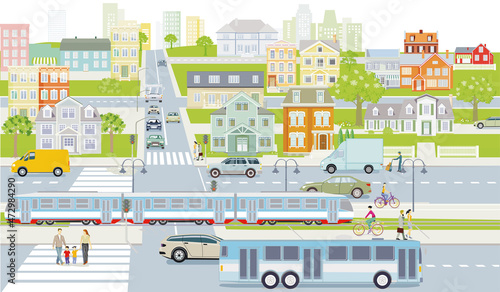 Straßenverkehr mit Fußgänger und Autos auf Straßen in der Stadt