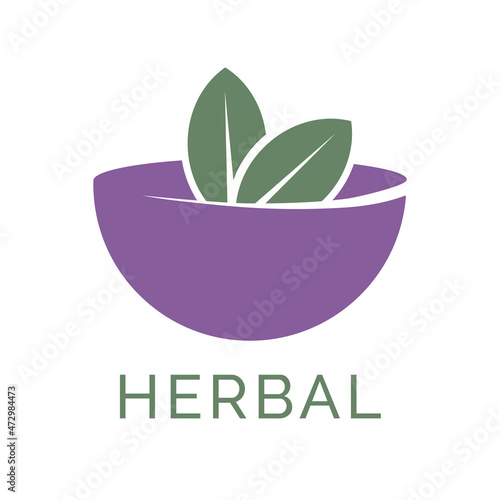 Vector herbal logo. A plate or mortar with natural leaves.