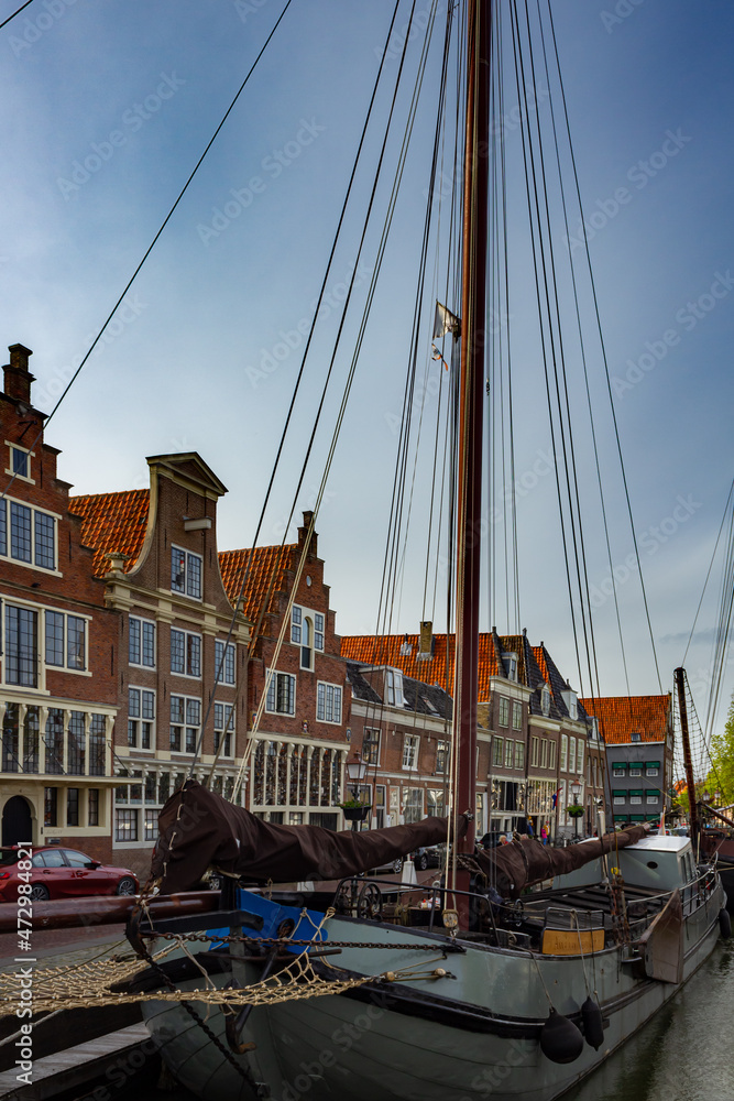 Port town with old buildings in Hoorn, Netherlands