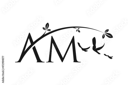 Family Initial Letter A M AM MA with 3 Three Pigeon Dove Birds Signature Logo Design
