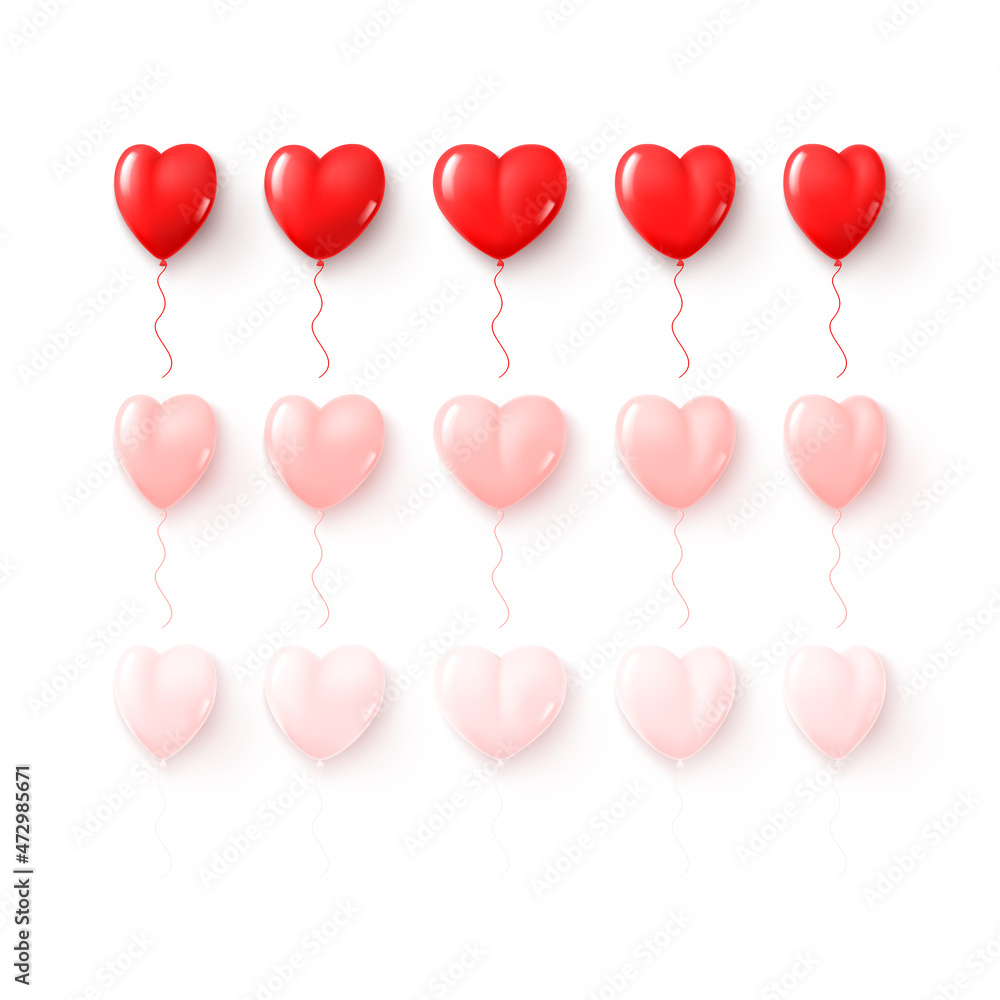 Set of balloons isolated on white background. Vector illustration with realistic red balloons in shape of heart. Collection of holiday symbols for Valentine's Day decoration design.