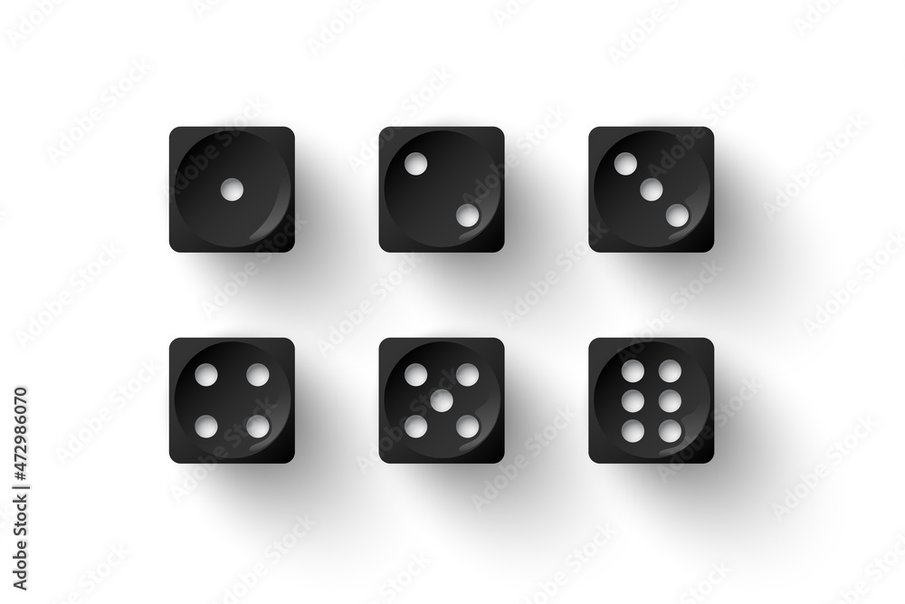 Dice game with black cubes with white dots, 3d realistic gambling objects to play in casino Dice game with black cubes with white dots, 3d realistic gambling objects to play in casino