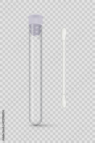 Test tube and q-tip cotton swab, 3d realistic medical sample in closed glass container