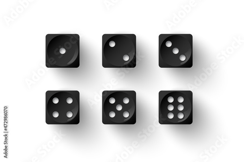 Dice game with black cubes with white dots, 3d realistic gambling objects to play in casino