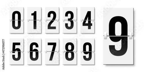 Flip board style numbers vector illustration. Airport terminal, arrival board with numbers template. Realistic flip scoreboard, analog timetable or countdown symbols. Flight destination display photo