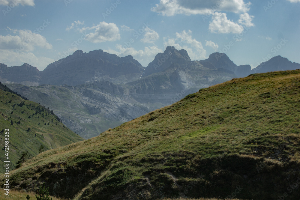 Naklejka premium Mountain area with green during summer day in Pyrenees, North of Spain and France