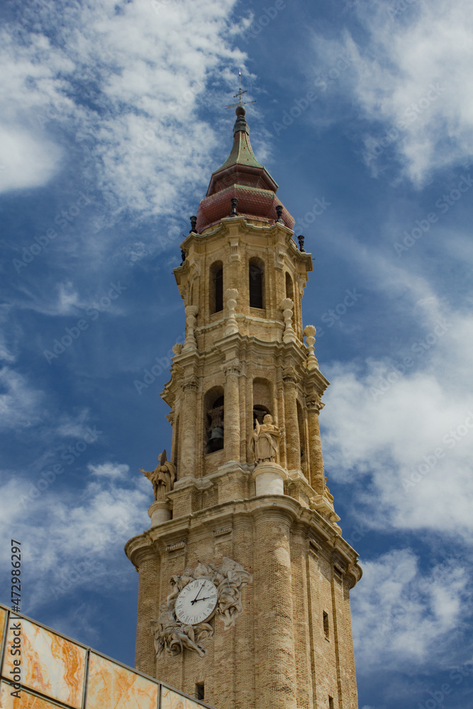 Old historical buildings during summer day in Zaragoza, Spain
