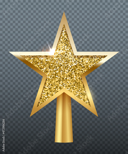 Christmas gold tree topper, 3d star decoration in deco design for top of Xmas tree
