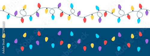 Christmas lights. Garland with colored bulbs on a white and blue background. Christmas and New Year decorations. Flat style. Vector illustration