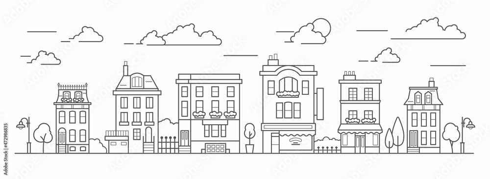 Naklejka premium Landscape in line art style. Outline street with houses, building, tree and clouds. Cafe, pharmacy, hotel and bus stop. Vector