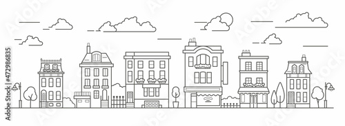 Landscape in line art style. Outline street with houses, building, tree and clouds. Cafe, pharmacy, hotel and bus stop. Vector