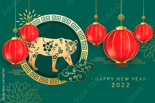 Chinese new year 2022 year of the tiger red and gold flower and asian elements paper cut with craft style on background