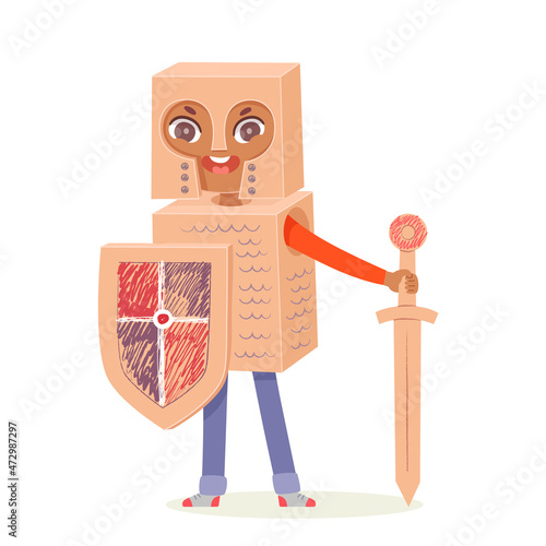 Kid playing with cardboard knight costume, cute child with paper armor, shield and sword