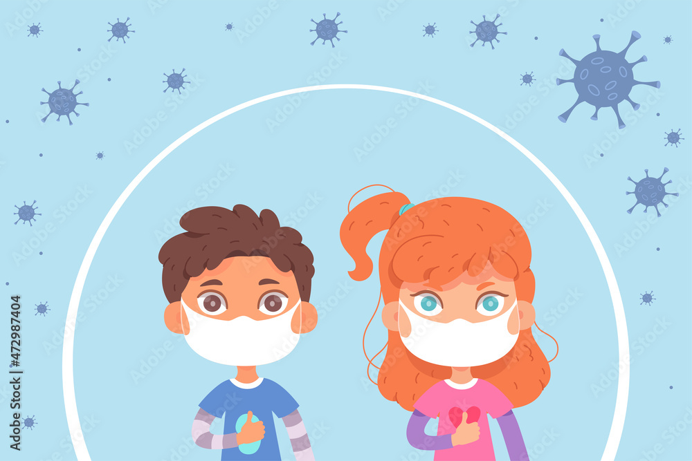Kids with protective face mask and immune bubble shield, medical defense and prevention Kids with protective face mask and immune bubble shield, medical defense and prevention