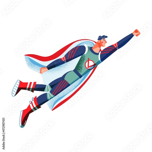 Male superhero in costume flying. Superboy with cape vector illustration. Cartoon comic man with powers posing isolated on white background. Brave boy hurrying to save people