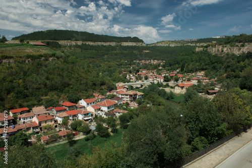 City in mountain area with greenery in summer day in Veliko Tarnovo  Bulgaria