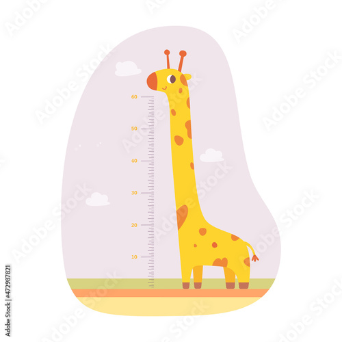 Height measuring scale for kids with cute giraffe vector illustration. Cartoon tall animal and baby growth meter with scale in inches, sticker with ruler and funny character isolated on white