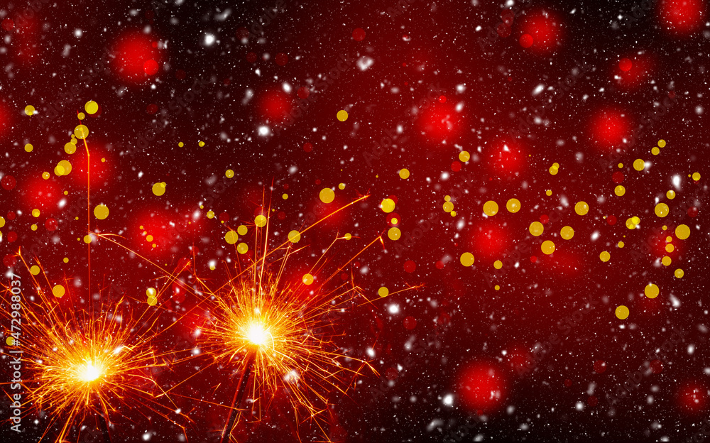 Obraz premium Burning sparklers on abstract snowy background. Happy new year. 3d illustration 