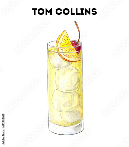 Tom Collins cocktail illustration. Alcoholic cocktail hand drawn illustration. Color sketch. Colored pencil drawing. Isolated object photo