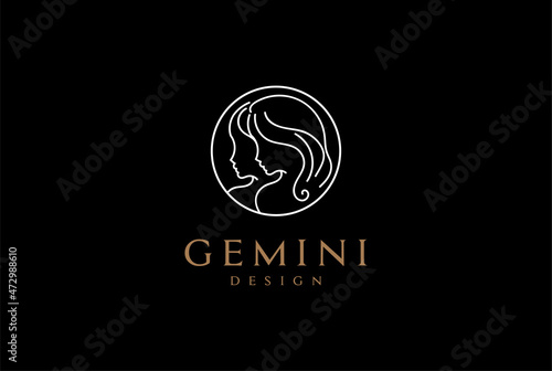 Elegant Twin Beauty Woman Girl Lady with Line Outline for Cosmetics Logo Design Vector