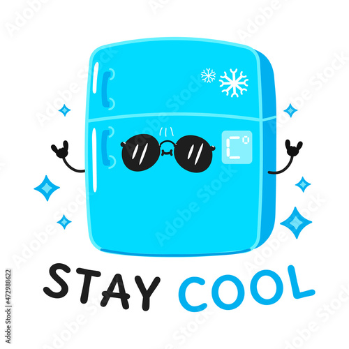 Funny cute happy fridge character. Vector kawaii line cartoon style illustration. Card with cute fridge