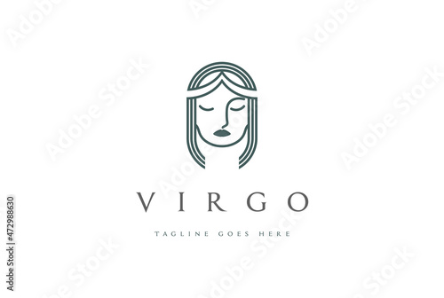 Elegant Beauty Queen Princess Virgo Woman Lady Girl Line Outline Logo Design Vector