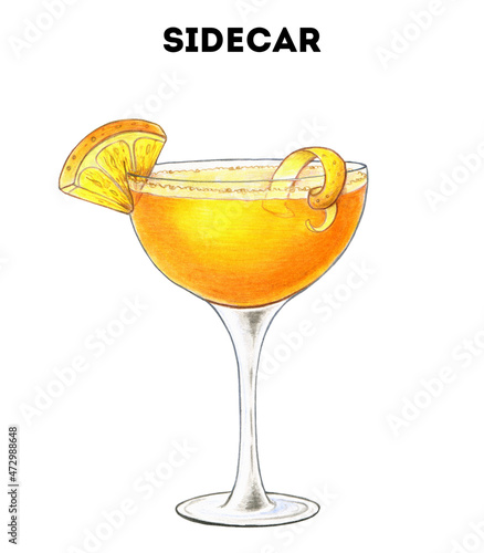 Sidecar cocktail illustration. Alcoholic cocktail hand drawn illustration. Color sketch. Colored pencil drawing. Isolated object