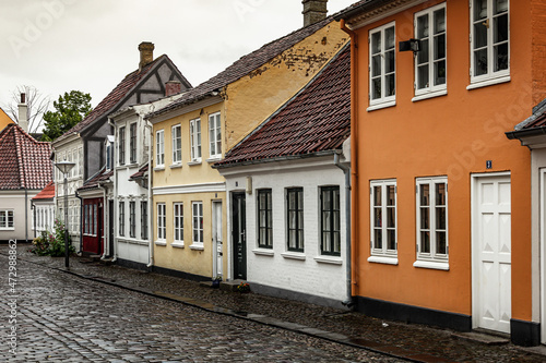 Charming street corner with beautiful building in Odense, Denmark