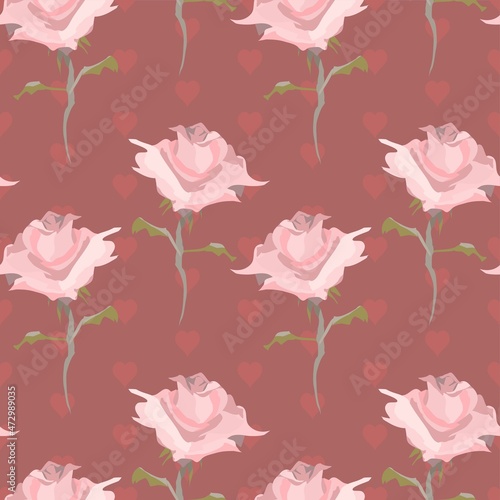Pink Roses Vector Repeatable Pattern With Red Hearts © Josephina Devina
