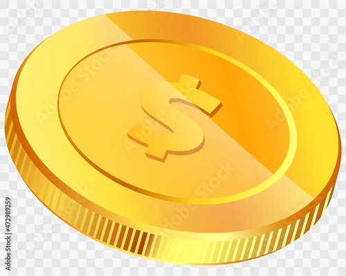 Gold coin with dollar sign isolated. Realistic 3d coin. Money penny as symbol of wealth and success. Income and high earnings in coins. Dollar coin vector illustration. Gold in form of penny