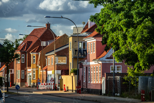 Beautiful houses in old town at sunset in Koege, Denmark