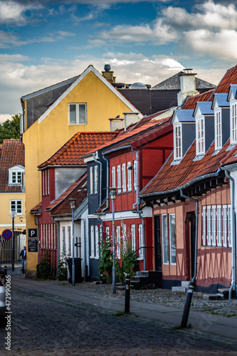 Beautiful houses in old town at sunset in Koege, Denmark