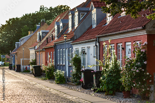 Beautiful houses in old town at sunset in Koege, Denmark