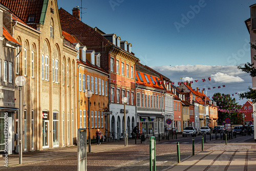 Beautiful houses in old town at sunset in Koege, Denmark