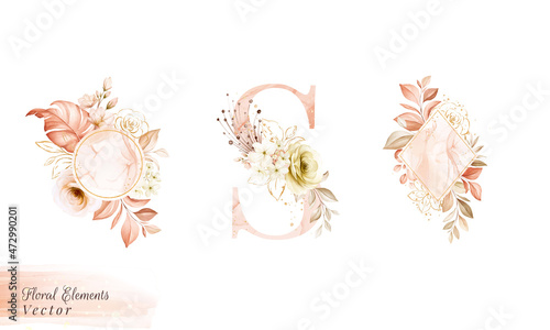 Watercolor floral frame and letter of brown flowers and watercolor background