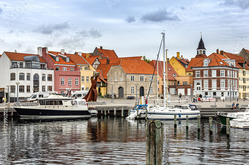 Beautiful view from the street in old quaint town in Faaborg, Denmark