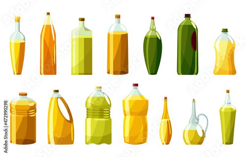 Vegetable oil bottles set. Cans with vitamin oil for cooking. Virgin organic healthy liquid products from seed. Isolated cartoon icons with sunflower product