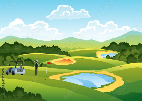 Green golf course with hole and red flags to indicate the goal. Countryside beautifle background. Hand drawn nature landscape with tree, green grass and lakes