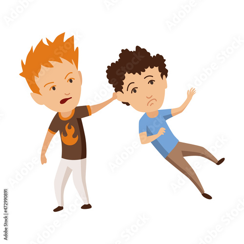 Kids bullying. Childish bullies or verbal and physical conflict between children. Bad child behavior, scared and strong angry children conflict, cartoon characters confrontation