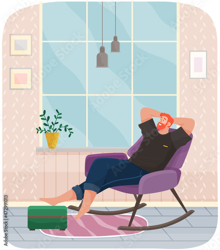 Man lying on sofa in apartment. Happy young guy relaxing, dreaming. Rest on couch and think about something. Home leisure. Male character lies on divan and smiles, enjoying time at home after work