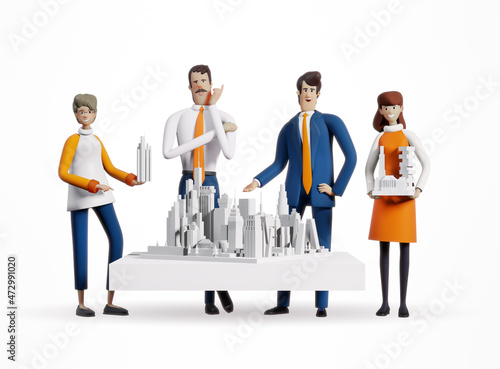 Group of young successful architects, creative people discussing new architectural project, city skyscrapers, offices and living spaces. 3D rendering illustration