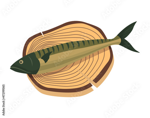 Fish on wooden board. Kitchen cutting board with healthy meal meat. Foodstuff in cartoon style. Concept organic wild river or ocean food