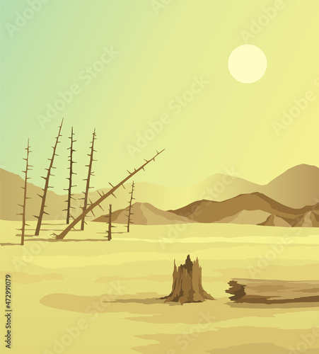 Climate change with land degradation. Global desertification environmental problems. Soil erosion. Global warming concept