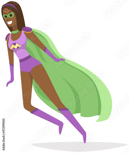 Superwoman smiling, waving hand and has superpowers. Cartoon character in superhero costume with cloak, mask and emblem stands on white background. Strong person protects people from villains